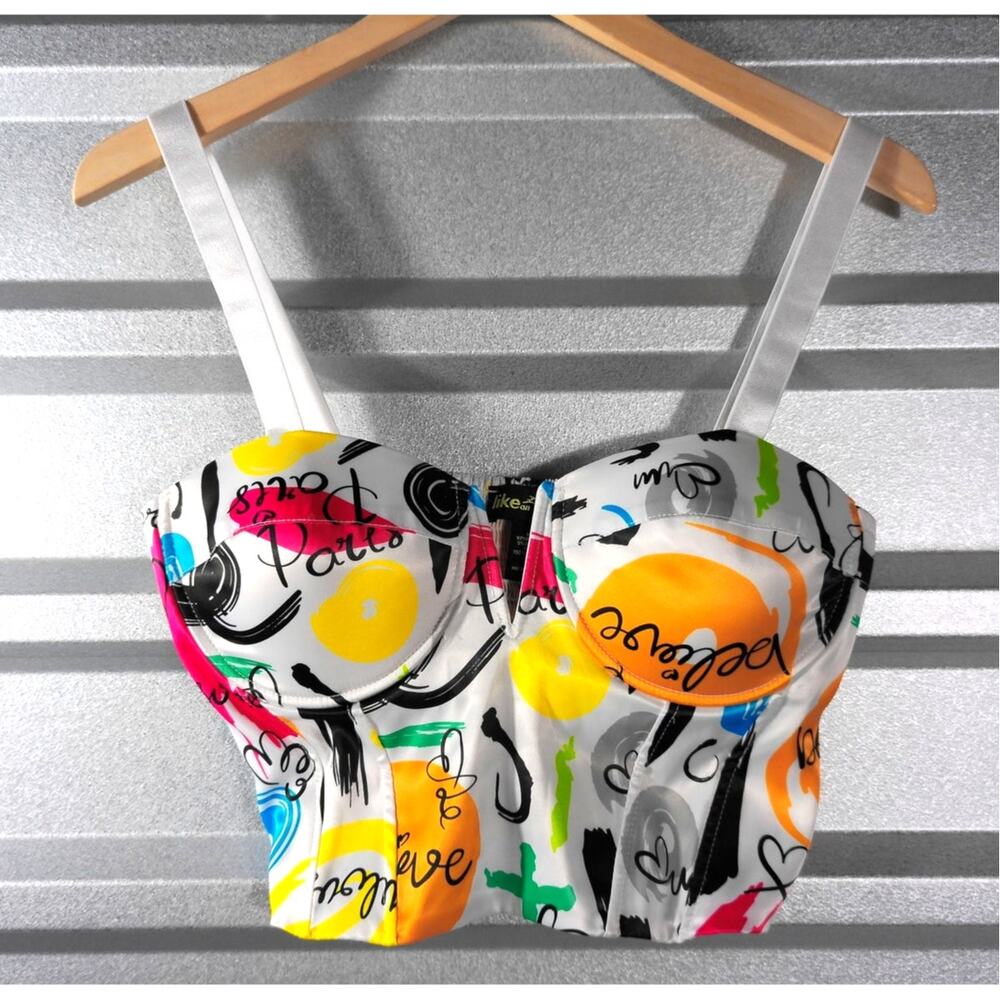 Like An Angel Abstract Graffiti Bustier Corset Crop Top Sz L NWOT